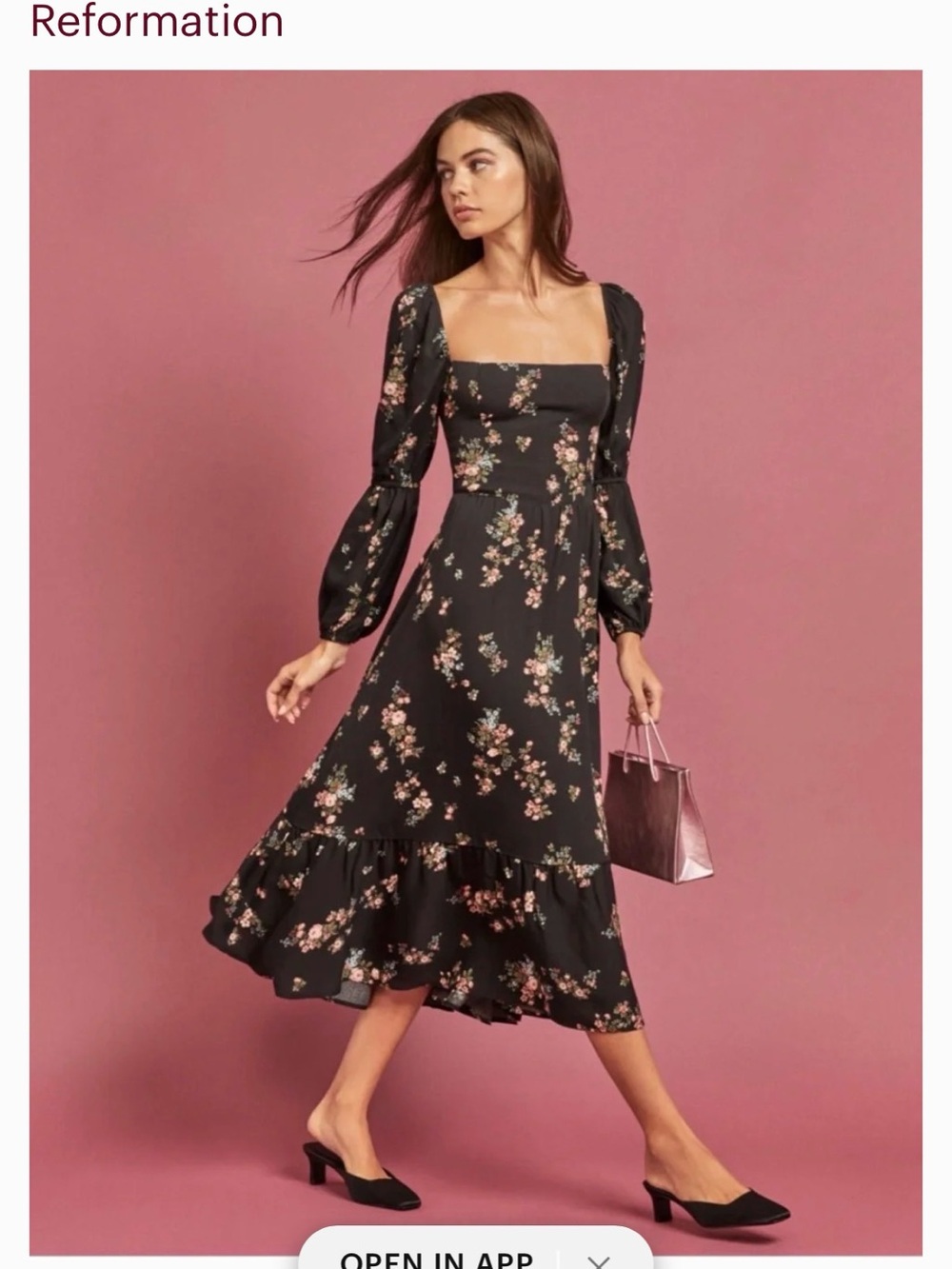 Reformation Black Floral Square-Neck Midi Dress Puff Sleeves Mika in Marisol
